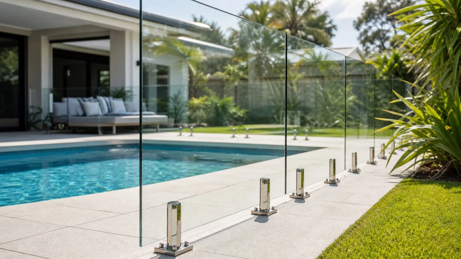 Clear glass pool fence panels on metal spigots beside paving and a planted garden